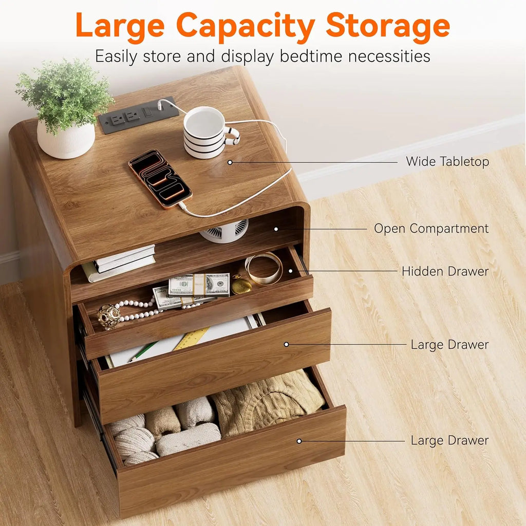 Modern Nightstand Set of 2 23.8" Walnut Nightstands with Hidden Drawers Wood Modern Bedside Table Curved Profile, Customized