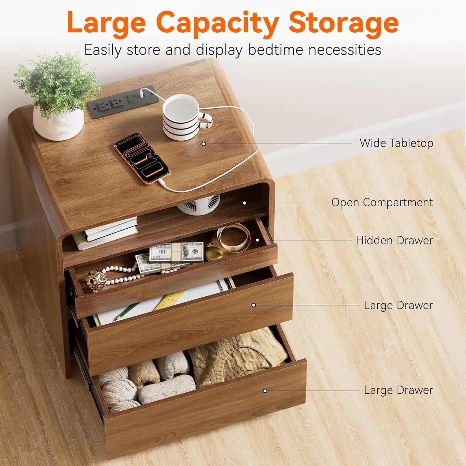 Modern Nightstand Set of 2 23.8" Walnut Nightstands with Hidden Drawers Wood Modern Bedside Table Curved Profile, Customized