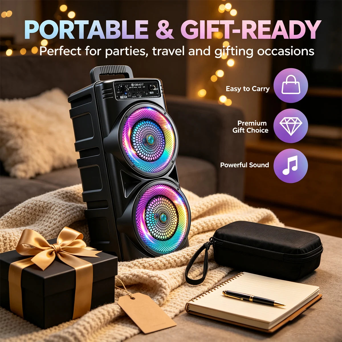 Portable  Bluetooth Party Speaker, Dual 6.5 Inch Big Subwoofer, Colorful RGB LED Light Effects, Wired Microphone, Bluetoo