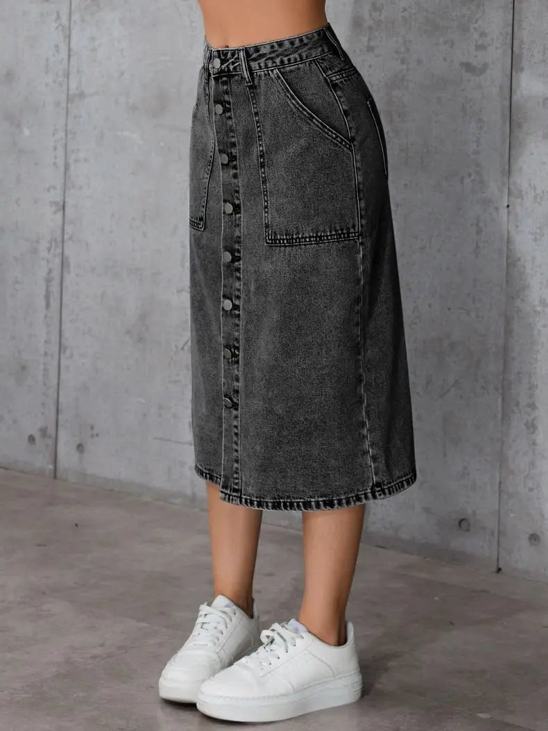 Women High Waist Stretchy Denim Pencil Skirt Midi Length Knee-Length Slit Bodycon Flattering Casual Daily Streetwear