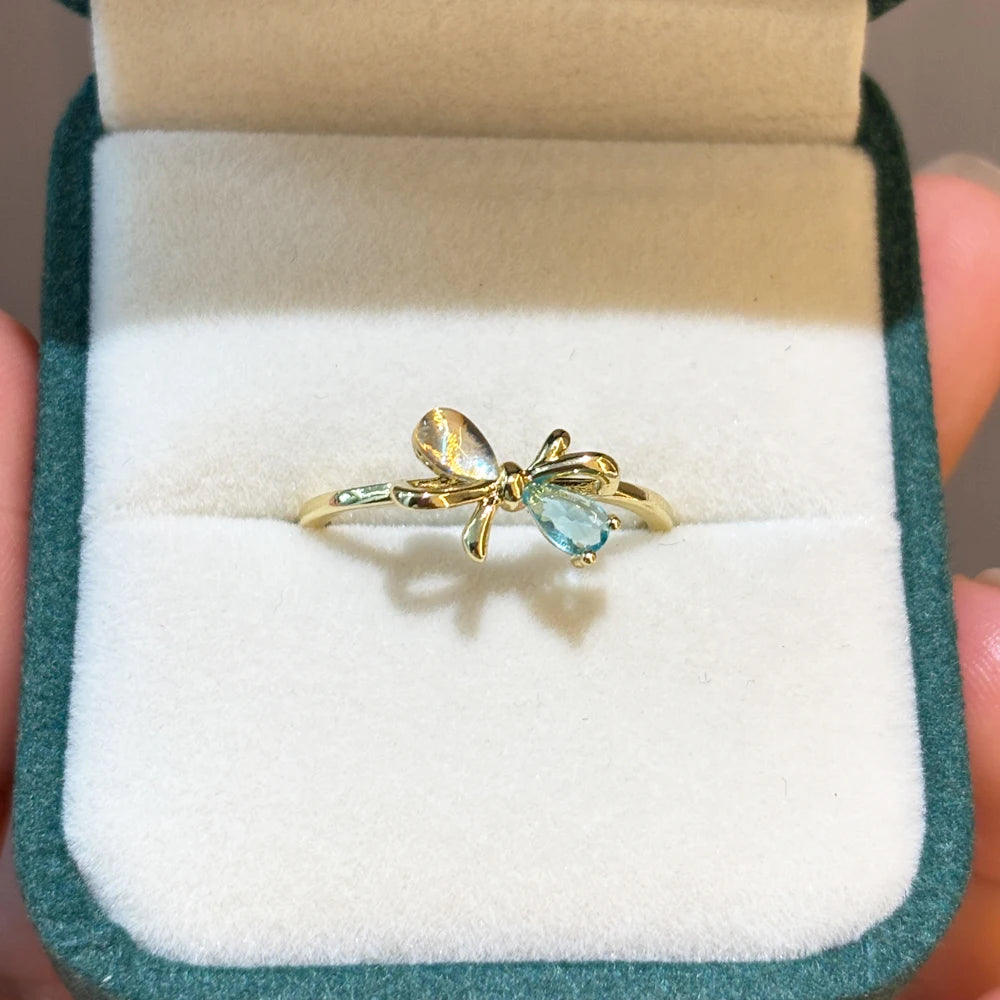 Vintage Blue Crystal Bow Knot Rings Women Gold Plated Open Adjustable Ring Sweet Heart Zircon Pearl Finger Ring Fashion Jewelry