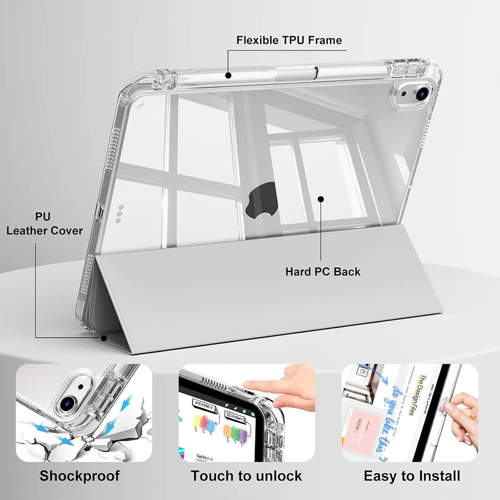 Case for iPad 5th 6th Gen Air 1 2 Case with Pencil Holder, Hard Clear Transparent Back and Soft TPU Shockproof Frame Cover
