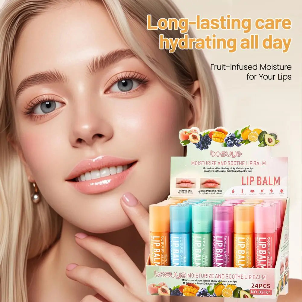 Fruity Lip Balm Set – 24Pcs Moisturizing Lip Care Kit with Vitamin E & Shea Butter, Deeply Nourishes Dry Chapped Lips