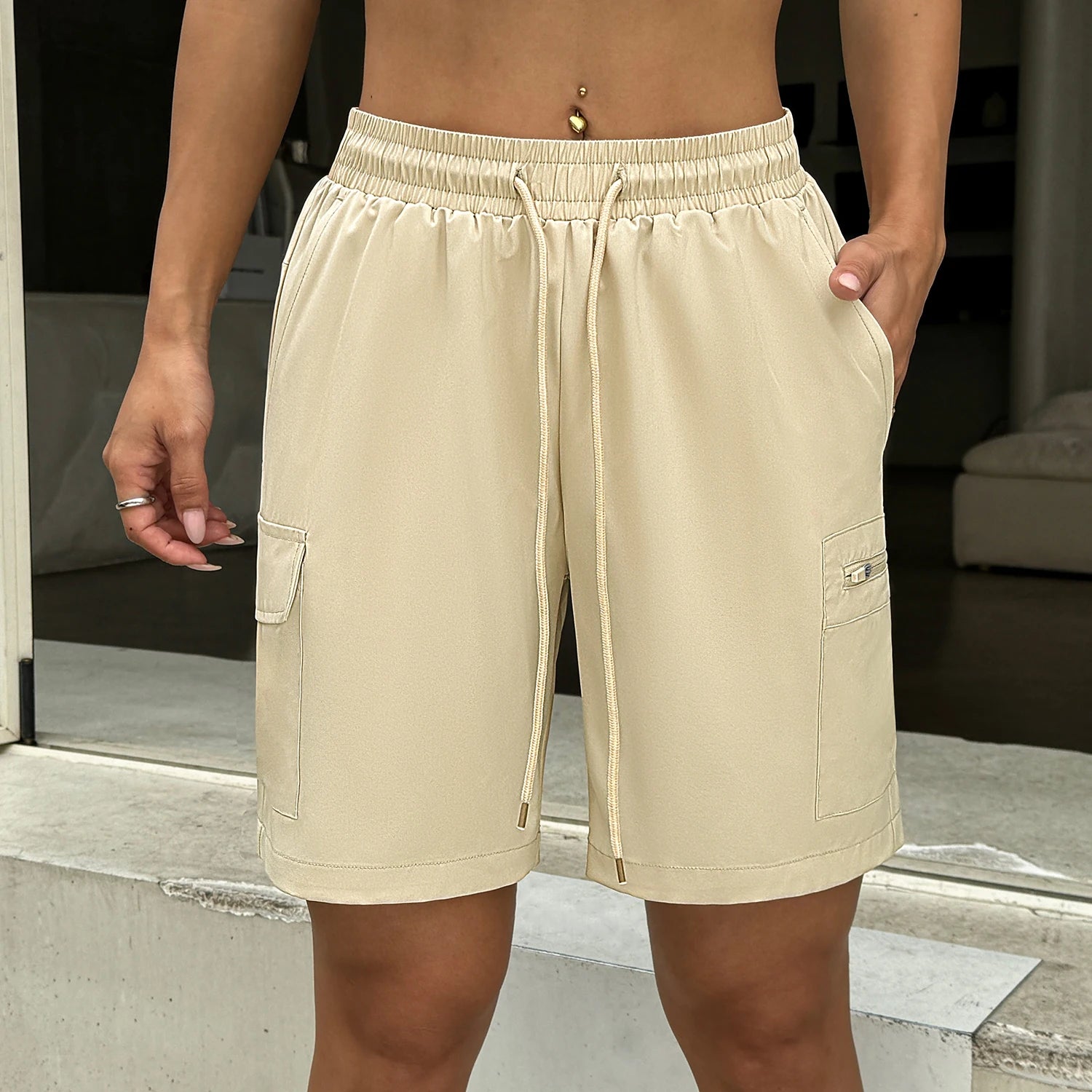 Women's Casual Cargo Shorts High Waist Drawstring Athletic Shorts with Multi-Pockets Loose Fit Shorts for Daily Wear Hiking