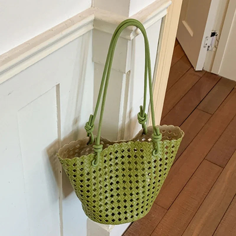 Hand-woven Openwork handBag With Zipper Inner Pocket,summer Pu Leather Beach Bucket Bags,large Capacity Simple Shopping handBag