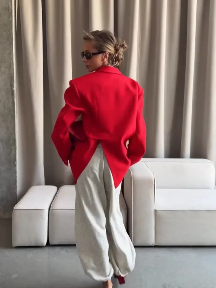 Women Red Fashion Blazer Jacket Lapel Collar Single Button Long Sleeve Loose Casual Coats Oversized Autumn Winter Streetwears