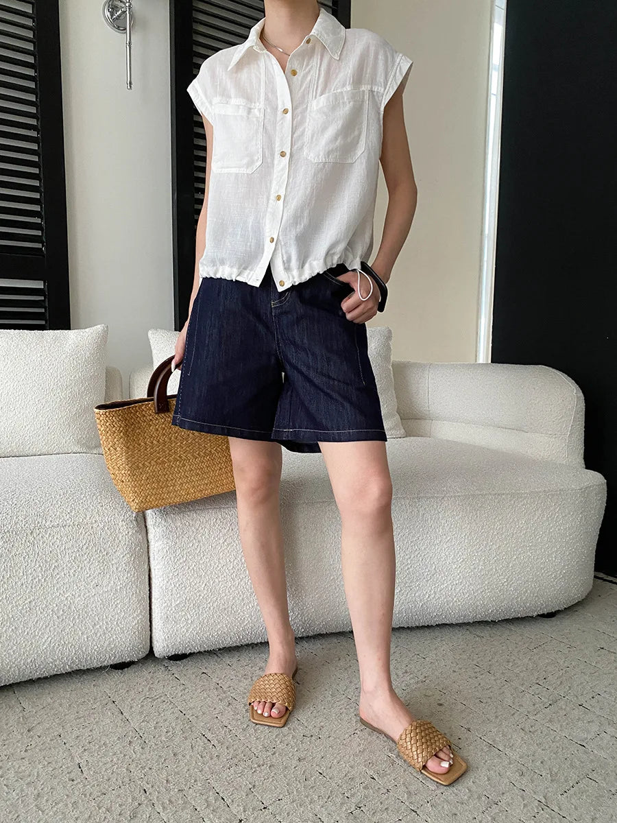 Summer women's casual solid color bright stitching wide leg denim shorts