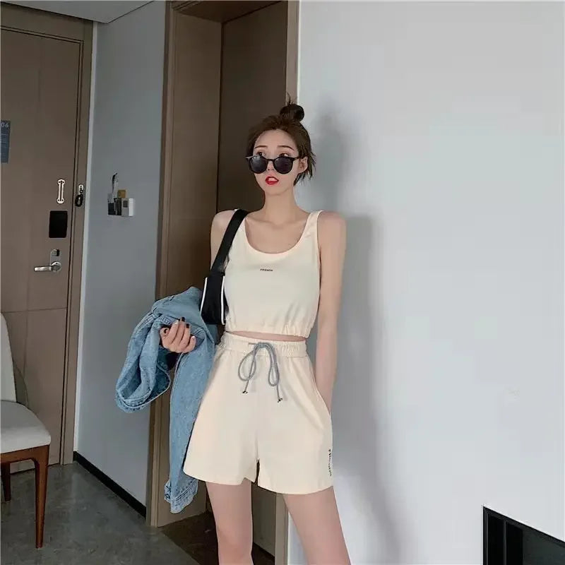 Women's Short Set Summer New Solid Sportswear Tank + Shorts Two Piece Womens Outifits Casual Sport Sets Woman