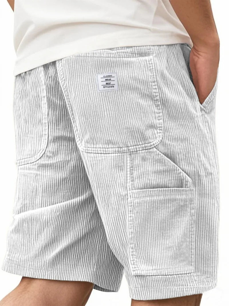 Men's Workwear Shorts Summer Casual Corduroy Loose Elastic Waist Multi-Pocket Leisure Pants Embroidery Retro Style Male Trousers