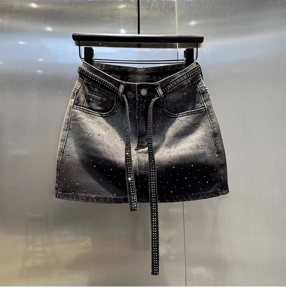 Oversize Retro Diamond Denim Mini Skirt for Women Summer High Waist Shiny Rivet Slim Skirts Gradient Black Grey Jean Skirts
