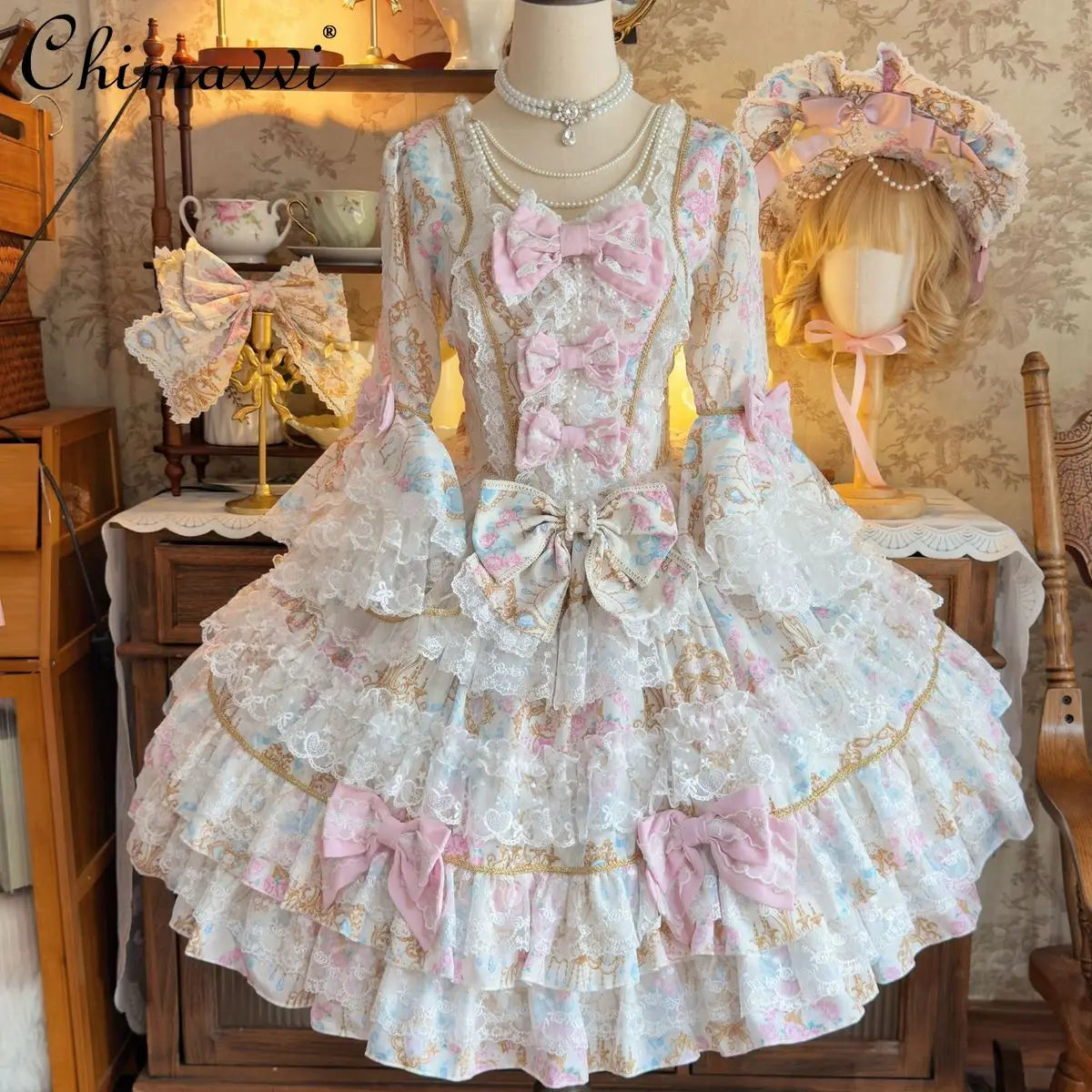 Original Design Lolita Sweet Long Sleeve OP Dress Women Autumn Super Fairy Cute Bow Birthday Party Girls Princess Dresses