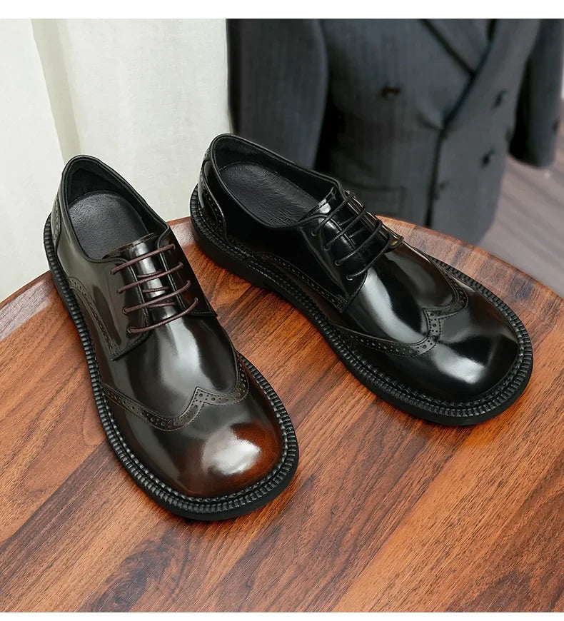 Retro Mens Dress Brogues Shoes Luxury Genuine Leather Round Toe Handmade Fashion Flat Autumn Black Wedding Social Shoes Man 2025