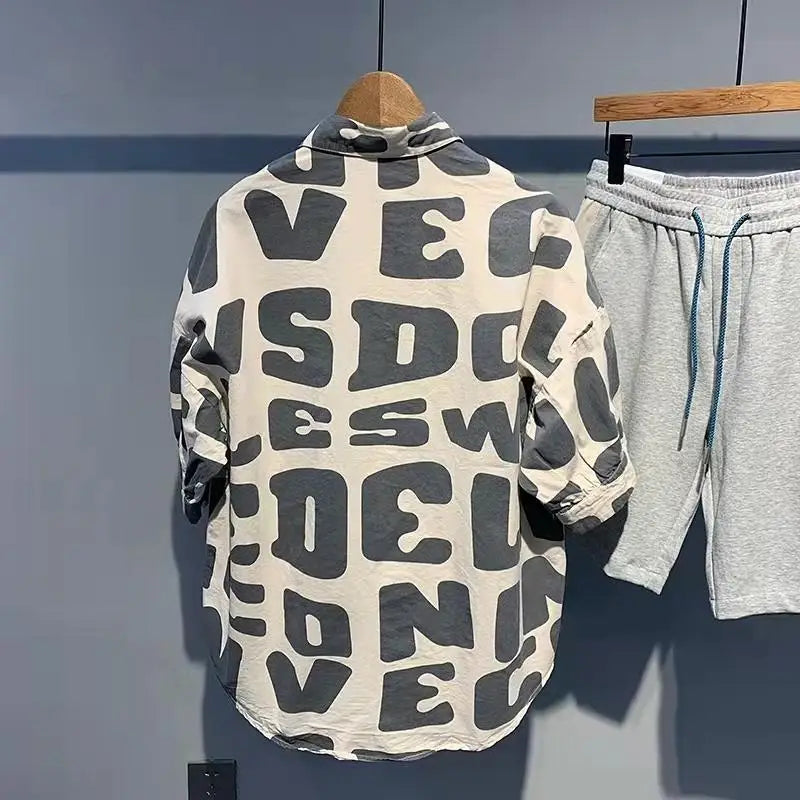 2024 Summer Trendy Men's Fashionable Lapel Full Body Letter Print High-end Versatile Casual Loose Oversized Short Sleeved Shirt