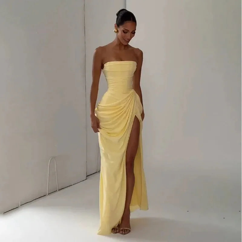 Women Yellow Low Cut Backless High Waisted Dress Lace Up Sleeveless Waist Cincher Spaghetti Strap Vestidos Party Club Women Robe