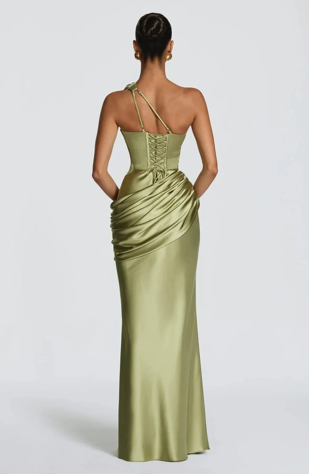 Elegant One Shoulder Satin Long Dress Women Chic Solid Sleeveless Backless Waist Cinching Pleated Dresses  Lady Party Robes New