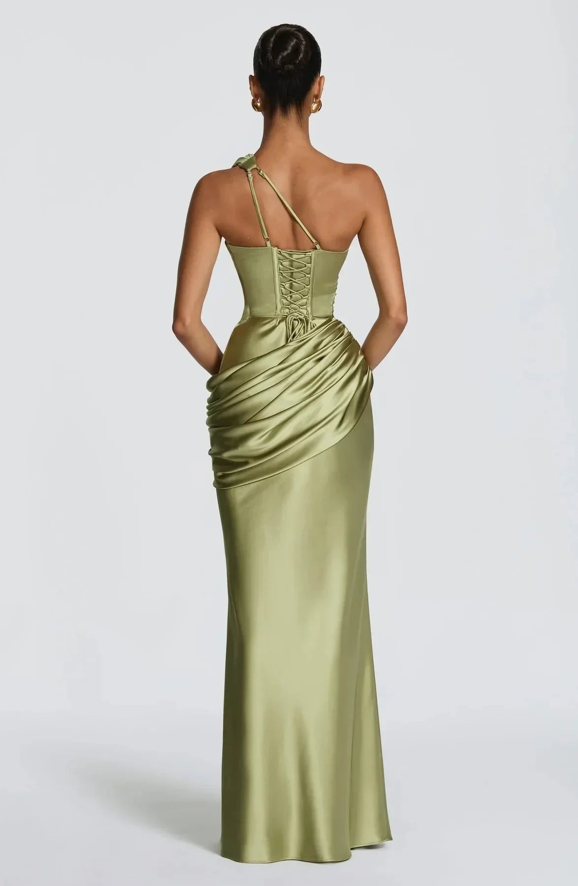 Elegant One Shoulder Satin Long Dress Women Chic Solid Sleeveless Backless Waist Cinching Pleated Dresses  Lady Party Robes New