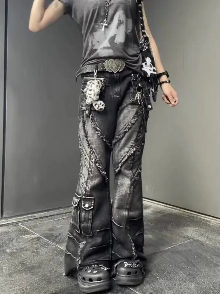 Women's Denim Pants Dark Academia Cargo Jean Flared Bell Bottom Designer Kpop Japanese 2026 Autumn Winter Y2k 2000s Goblin Core