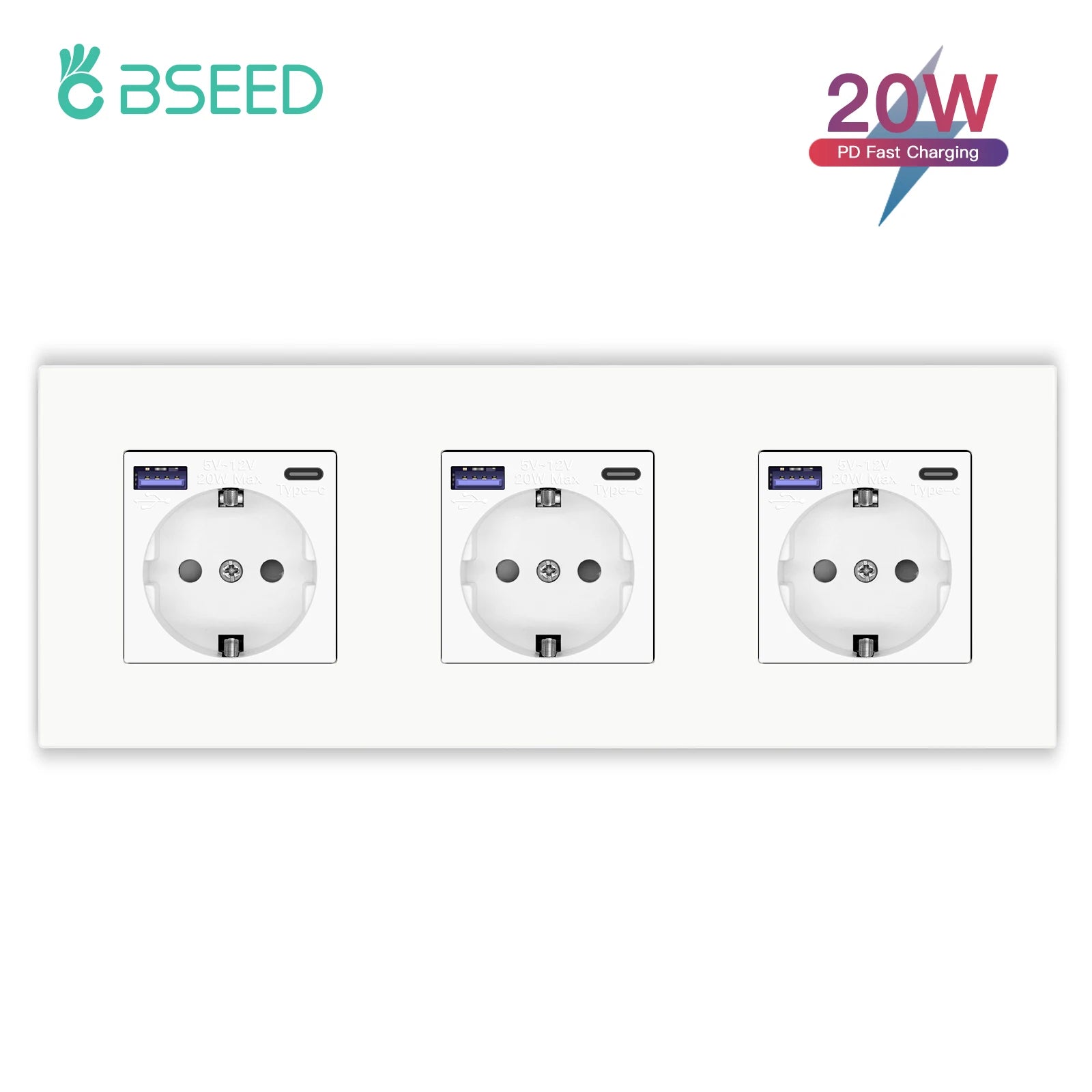 BSEED EU Wall Sockets Type-C USB Power Sockets Double Electric Sockets Triple Outlets Plastic Frame Germany Socket With Dual USB