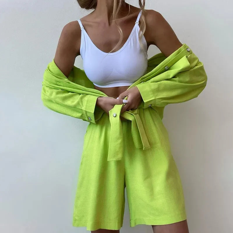 Summer Two Piece Set Women Shorts Suit Green Lapel Long Sleeve Shirts Sets Female Elegant Casual High Waist Pants Lady Outfits
