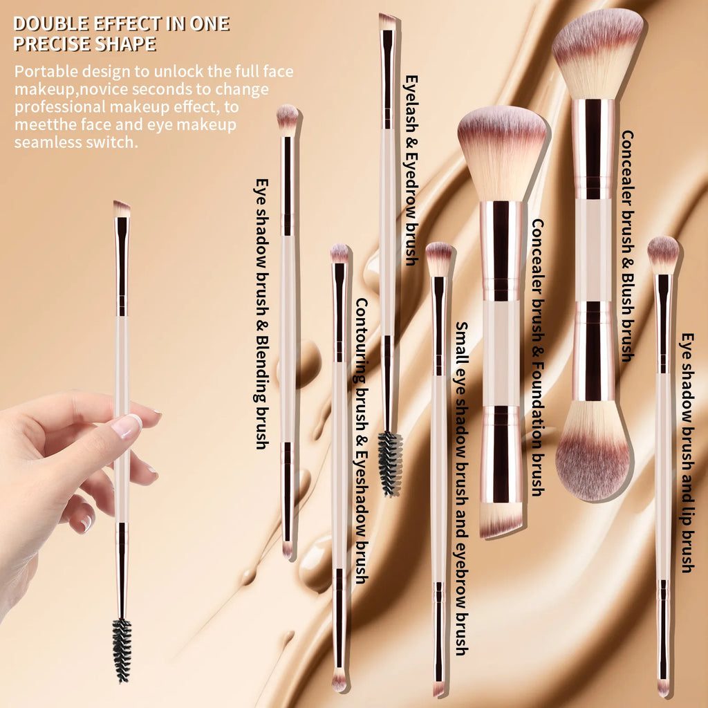 7 double-ended makeup brushes, loose powder brush, foundation brush, eyeshadow brush, eyebrow brush, soft hair beauty tool.