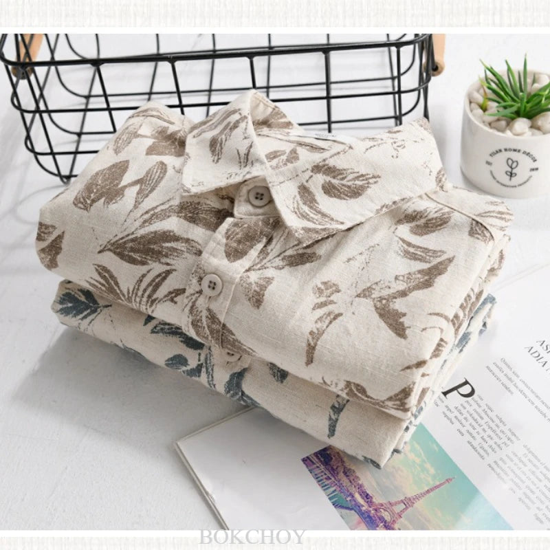 Summer New Printed Breathable Linen Cotton Short Sleeve Shirt for Men Clothing Casual Turn-down Collar Summer Shirt FY736