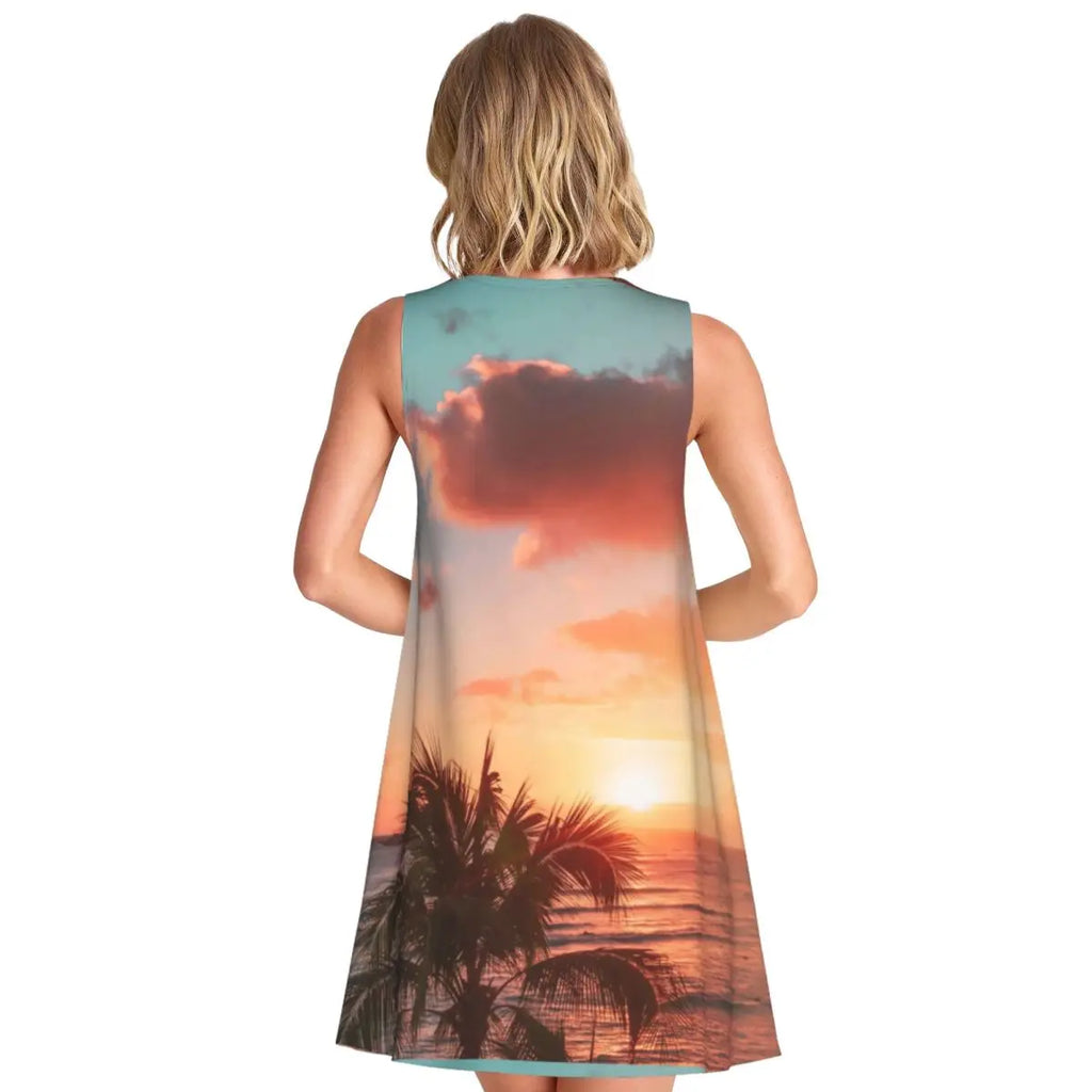 Ocean Sunset Casual Dress Palm Tree Print Sleeveless Elegant Dresses Ladies O Neck Simple Dress Day Print Clothing Birthday Gift