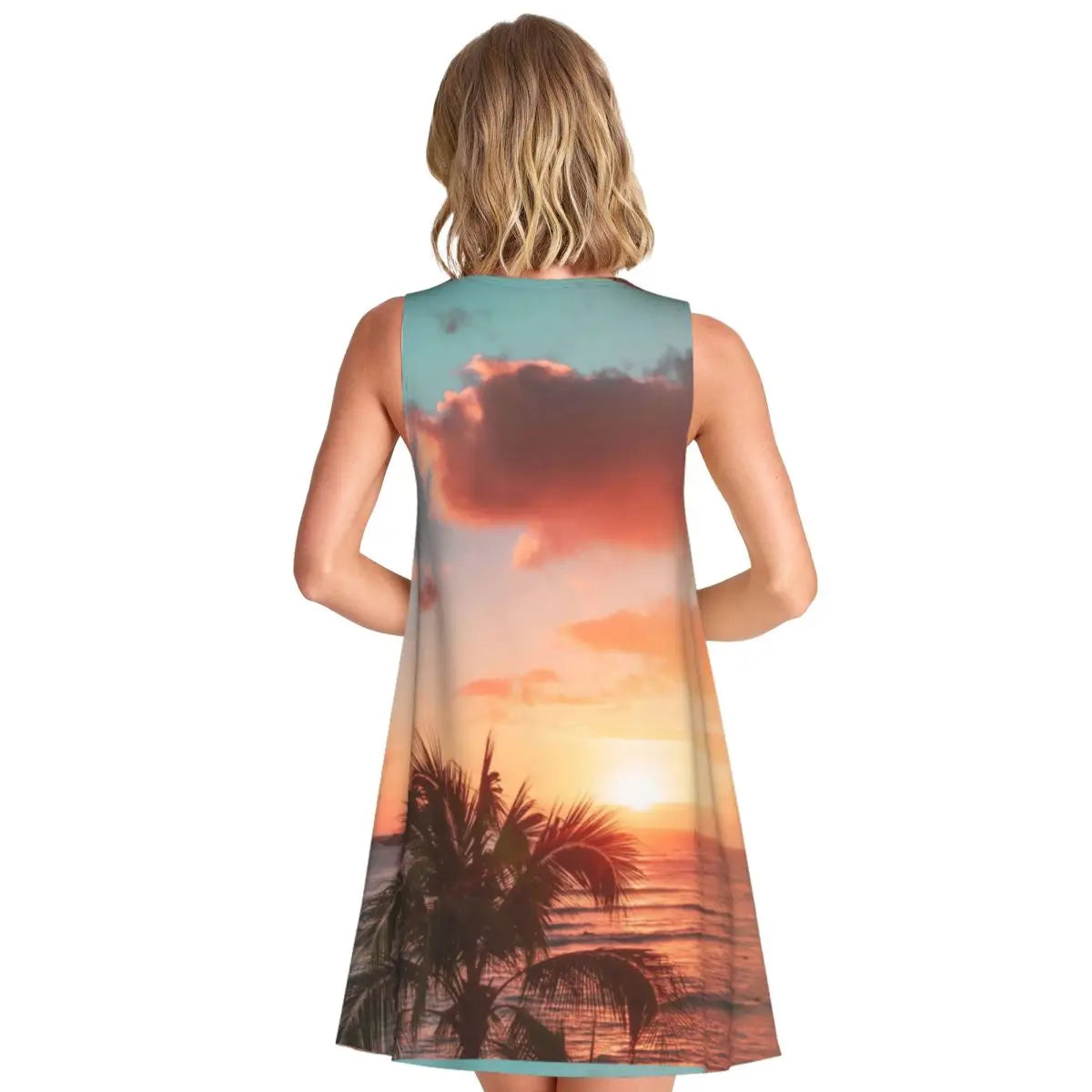 Ocean Sunset Casual Dress Palm Tree Print Sleeveless Elegant Dresses Ladies O Neck Simple Dress Day Print Clothing Birthday Gift