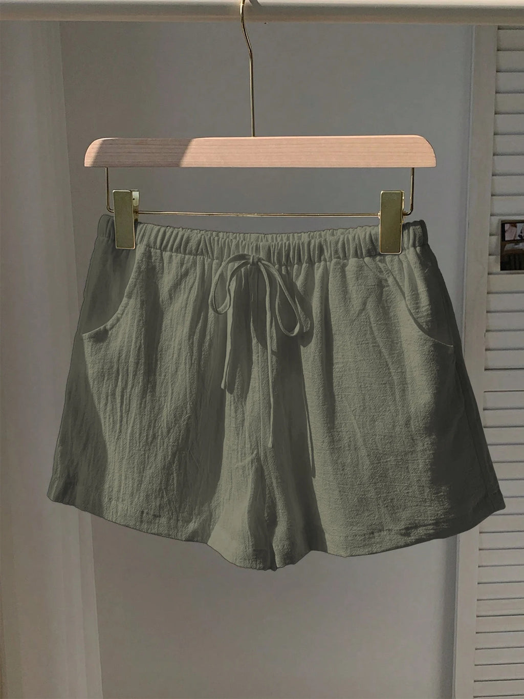 Ladies New Spring Summer Linen Solid Color Casual Sports Elastic Waist Drawstring Short Pants