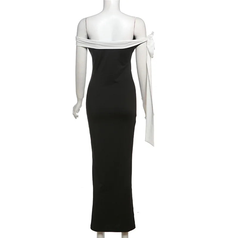 Tuularose Summer Bandage Long Dress Women's Elegant One Shoulder Bow Tie Slim Evening Dress Sexy Patchwork Party Dress Y2k 2025