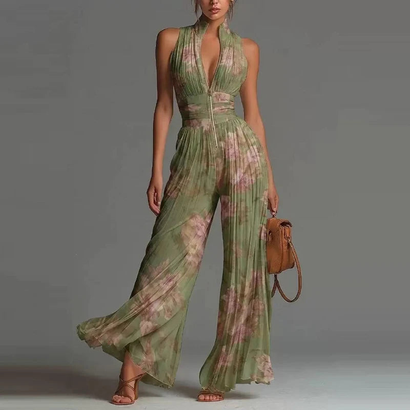 Elegant Stand Collar Zipper Long Jumpsuits Women's Casual Sleeveless Draped Party Rompers Fashion Printed Waist Summer Playsuits