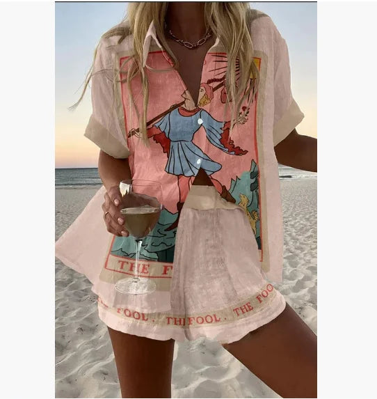 2025 New Summer Vacation Shorts Set 3D Printed Seaside Tropical Casual Lapel Shirt Blouse Top Shorts 2-Piece Suits Beach Holiday