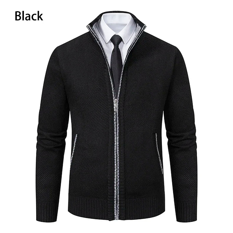 2025 Autumn and Winter New Jersey Men's Casual Sports Coat Solid Color Stand Collar Sweater Grab Fleece Warm Zipper Cardigan