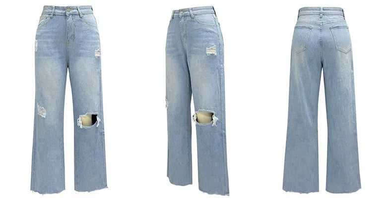 Baggy Jeans Women Flared Denim Pants High Waist Wide Leg Distressed Denim Jeans Light Wash Ripped Frayed Hem Jeans Pants