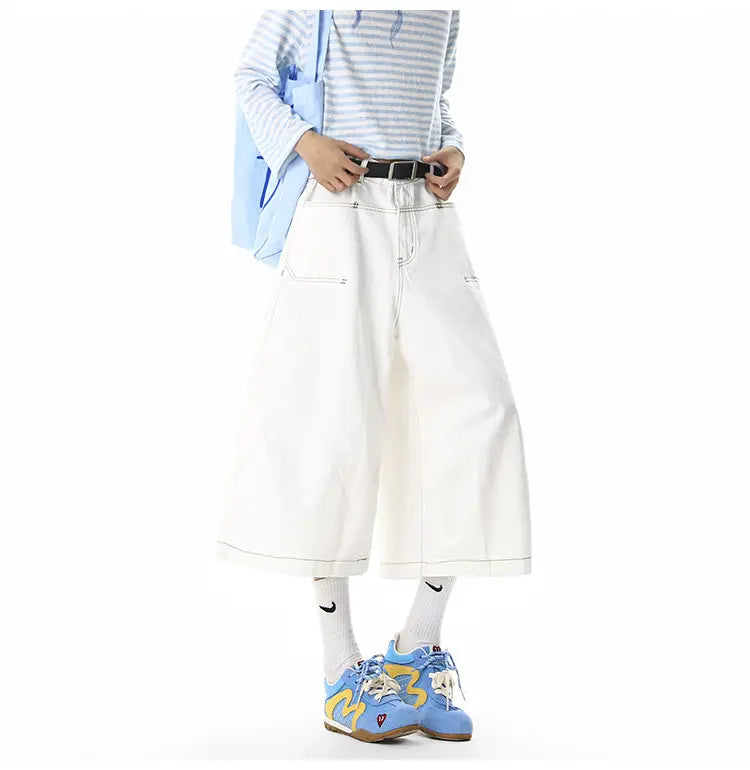 White denim pants men capri pants fashion trendy summer denim fabric visible stitching design, streetwear outdoor sports pants