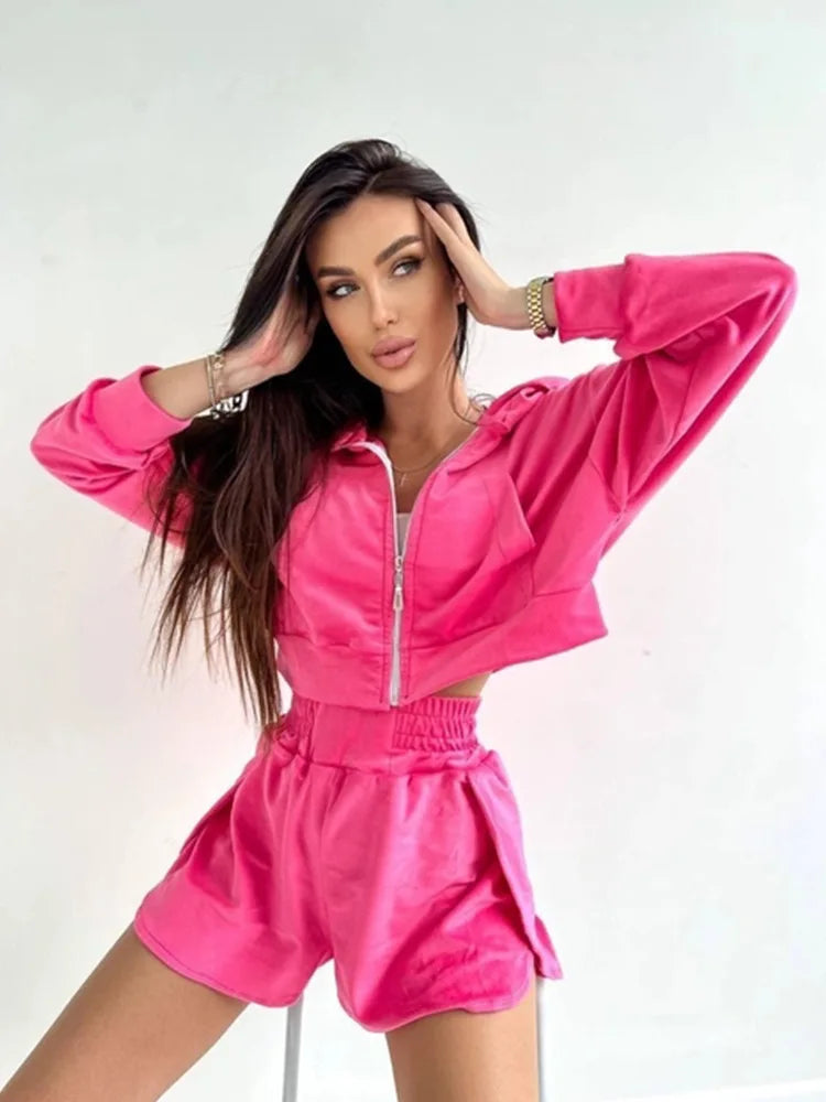 2025 Casual Women's Wear, Zipper Cardigan Long Sleeve Drawstring and Shorts Set, Hoodie Fashion Split Shorts Two-Piece Set