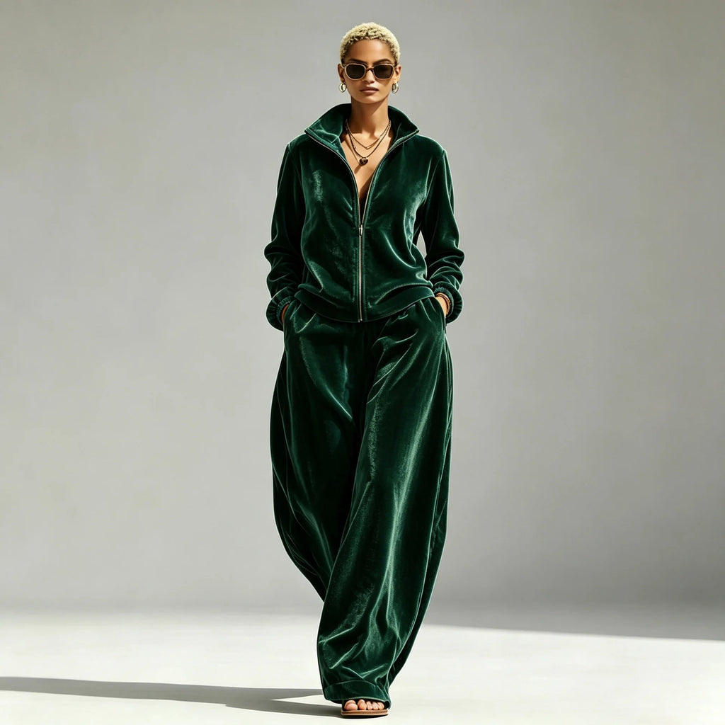 Autumn Winter Warm Gold Velvet Two Piece Set Women's Fashion Solid Zipper Open Coat With Wide Leg Pants Set Ladies Office Outfit