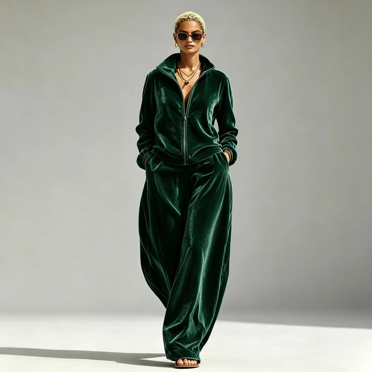Autumn Winter Warm Gold Velvet Two Piece Set Women's Fashion Solid Zipper Open Coat With Wide Leg Pants Set Ladies Office Outfit