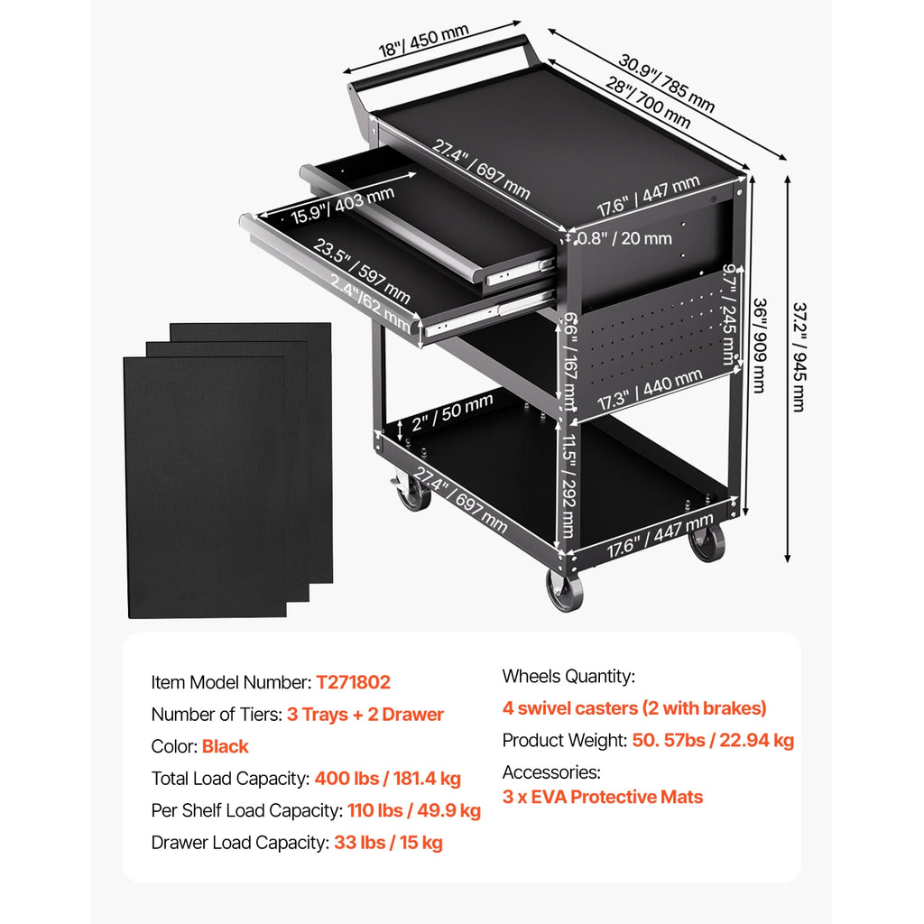 SucceBuy 5-Tier Tool Chest 2-Drawer Rolling Tool Work Cart with Locking & Pegboard Tools Storage Organizer for Garage Warehouse
