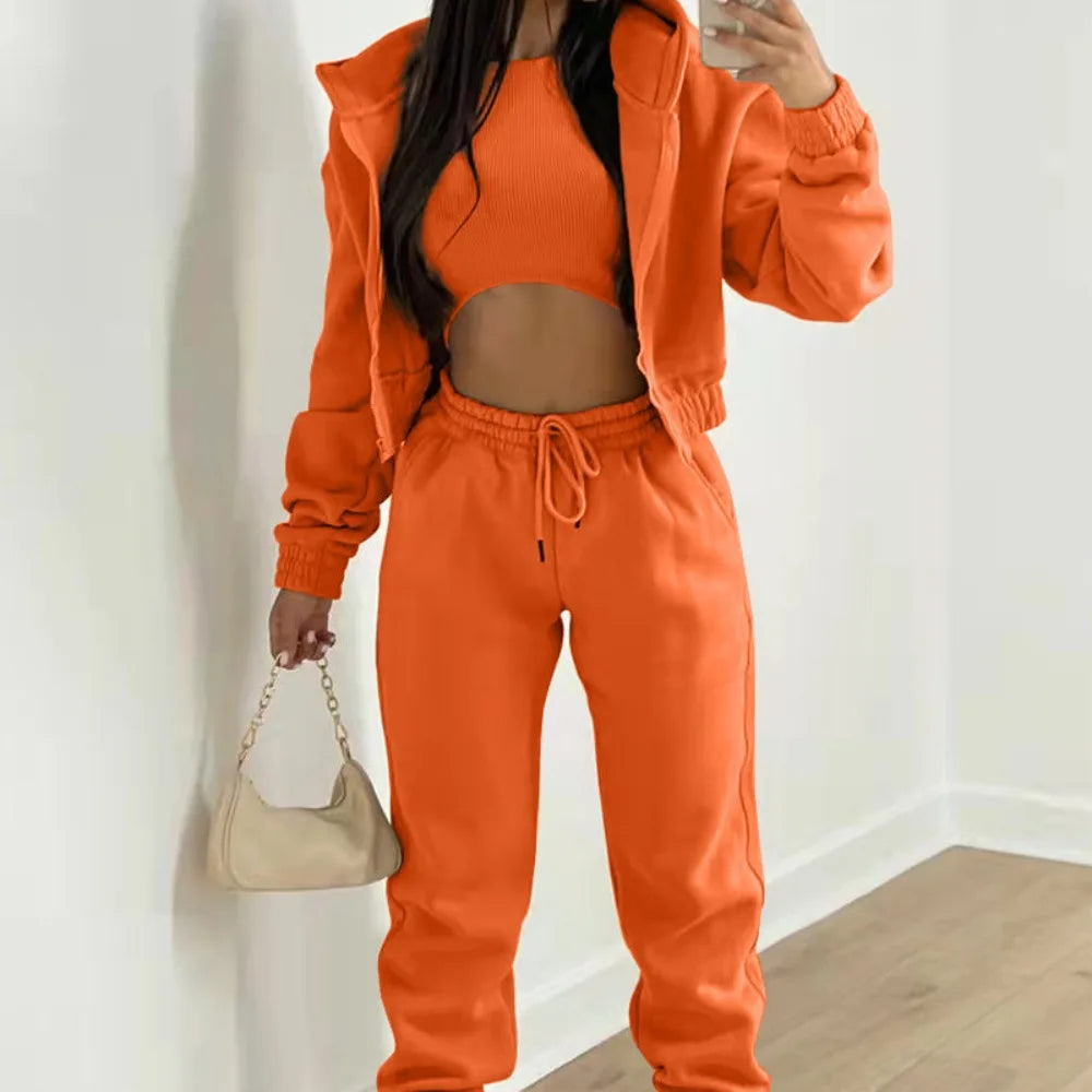 Women's Winter Hoodie Sweatshirt Casual Winter Outfit Three-piece Set Long Trousers for Cold Weather, Travel and Home Comfort