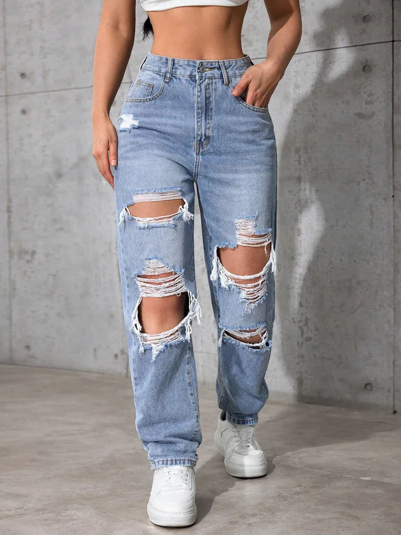 Women's High Waist Ripped Denim Jeans with Distressed Knee Holes and Straight Leg Fit for Casual Streetwear Fashion