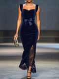 Sexy Evening Dresses Spaghetti Strap Bow Lace Splicing Ankle-Length Straight Slit Prom Dresses Banquet Cocktail Party Dresses