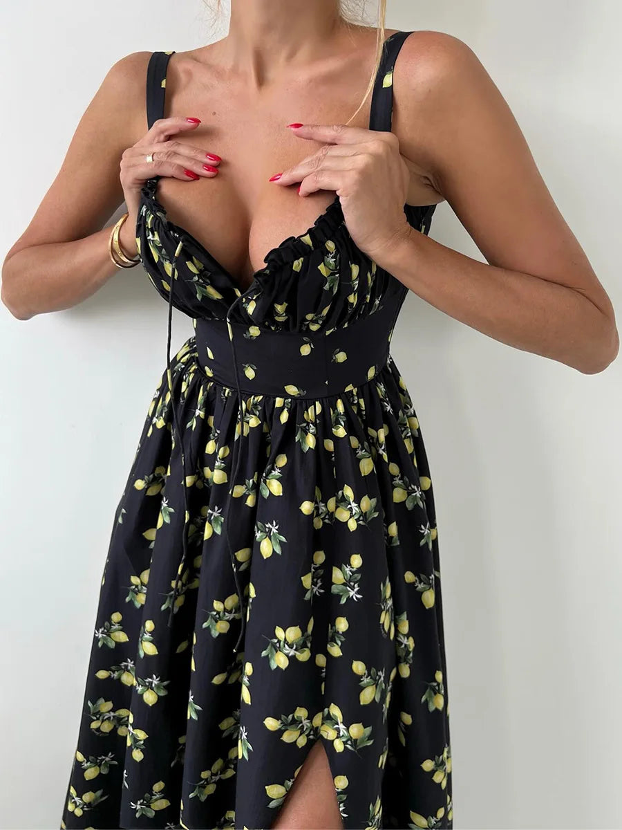 Bornladies 2025 Summer New Printing Cami Dress High Waist Slit Lemon Print Maxi Dress Vacation Long Dress For Women