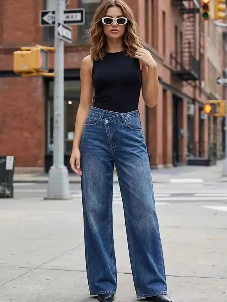 HH Women Trendy Cross Waist Wide Leg Jeans Asymmetrical Button Fly High Waist Baggy Denim Pants For Streetwear Y2K Outfits