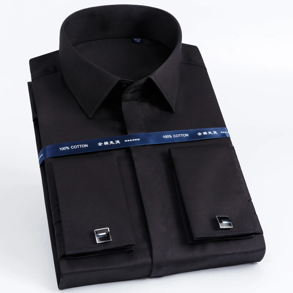Men's 100% Cotton Iron-Free French Cuff Shirt Front Hidden Buttons Removable Collar Stays Formal Business Long Sleeve Shirts