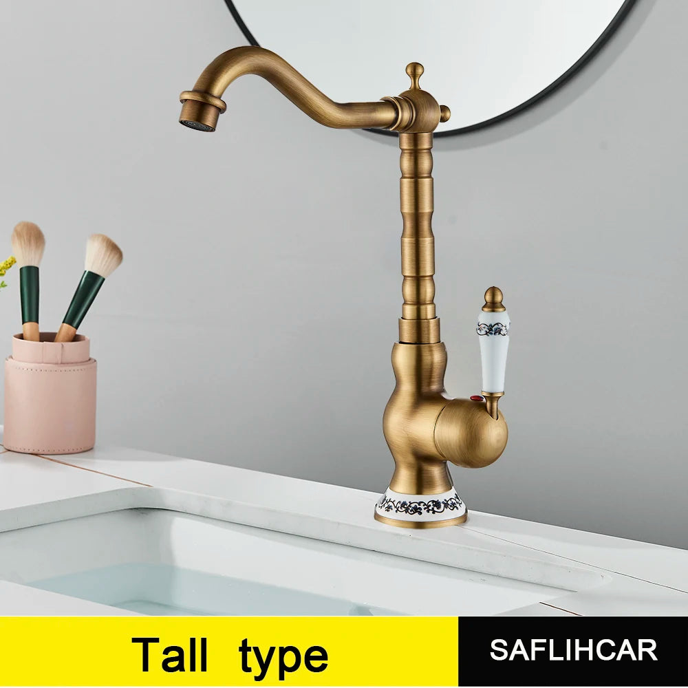 Antique Brass Bathroom Faucet Hot & Cold Mixer Tap Single Hole Single Lever Rotatable Ceramic Handle for Kitchen