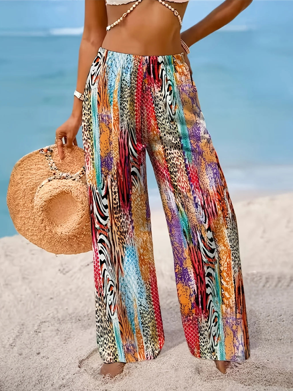 Women'S Four-Season Colorful Printed Wide-Leg Pants, Suitable for Loose Seaside Vacation Casual Wear And Daily Commuting