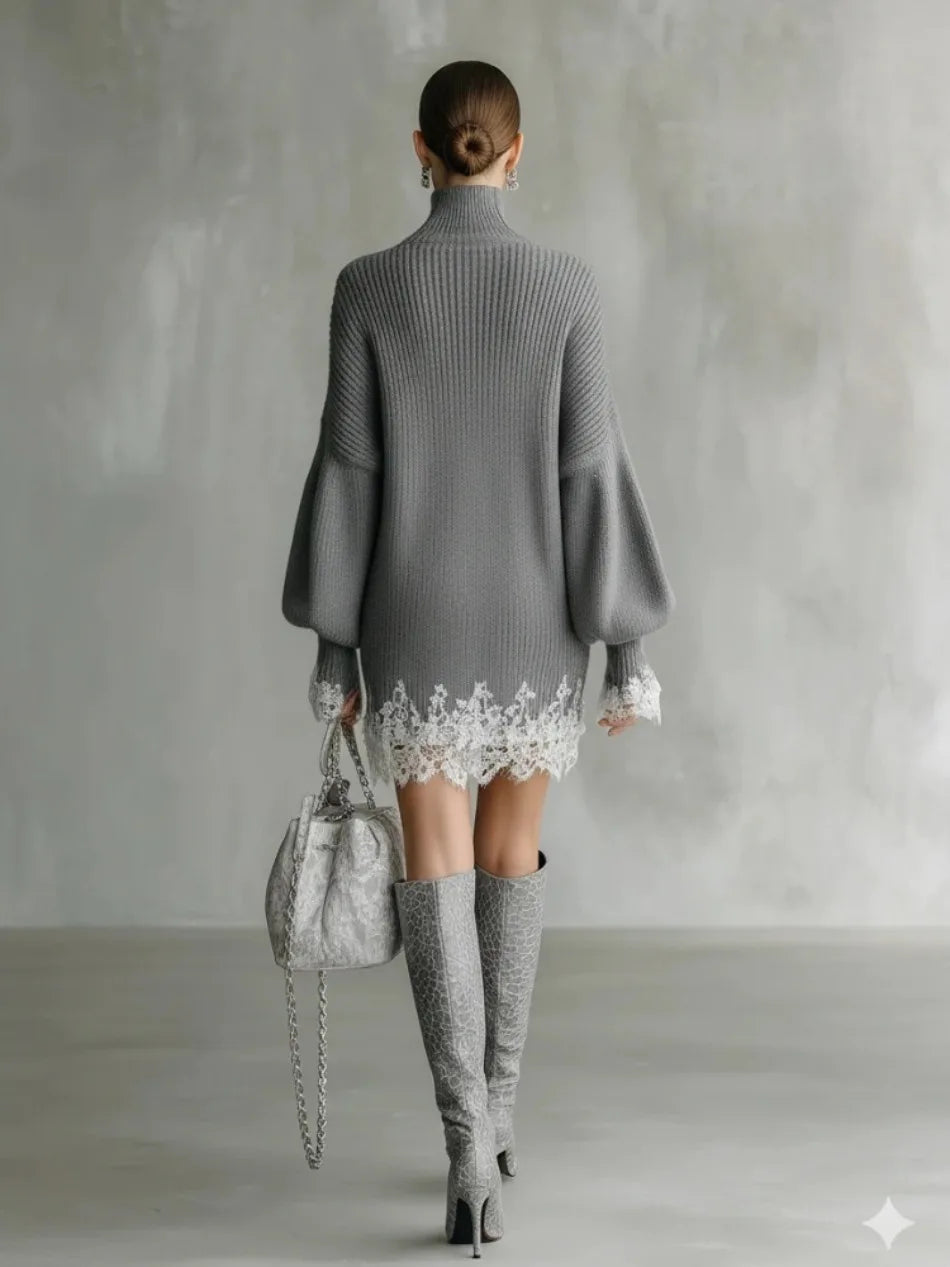 Women's Black Knitted Turtleneck Sweater Dress Lace Splice Mini Dress Fashion Spring Autumn Vintage Casual Retro Loose Dress