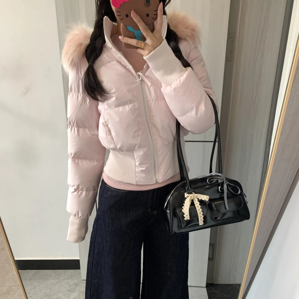 Winter New Women's Faux Fur Hooded Thick Padded Coat Slim Waist Short Cotton Jacket Sweet Style Warm Outerwear Parka