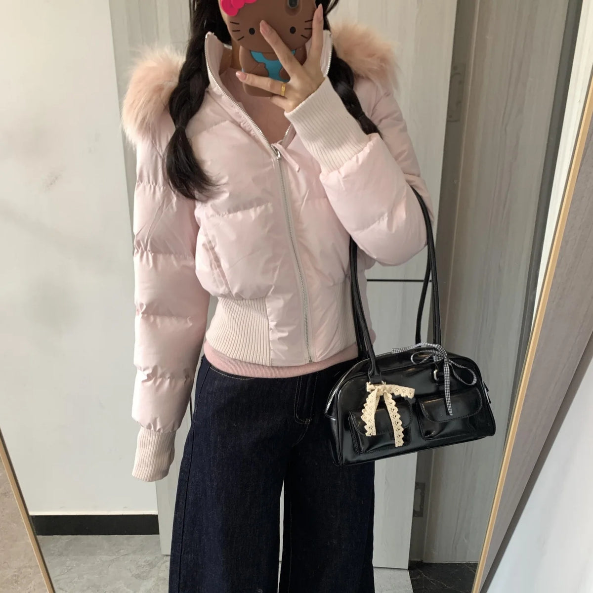 Winter New Women's Faux Fur Hooded Thick Padded Coat Slim Waist Short Cotton Jacket Sweet Style Warm Outerwear Parka