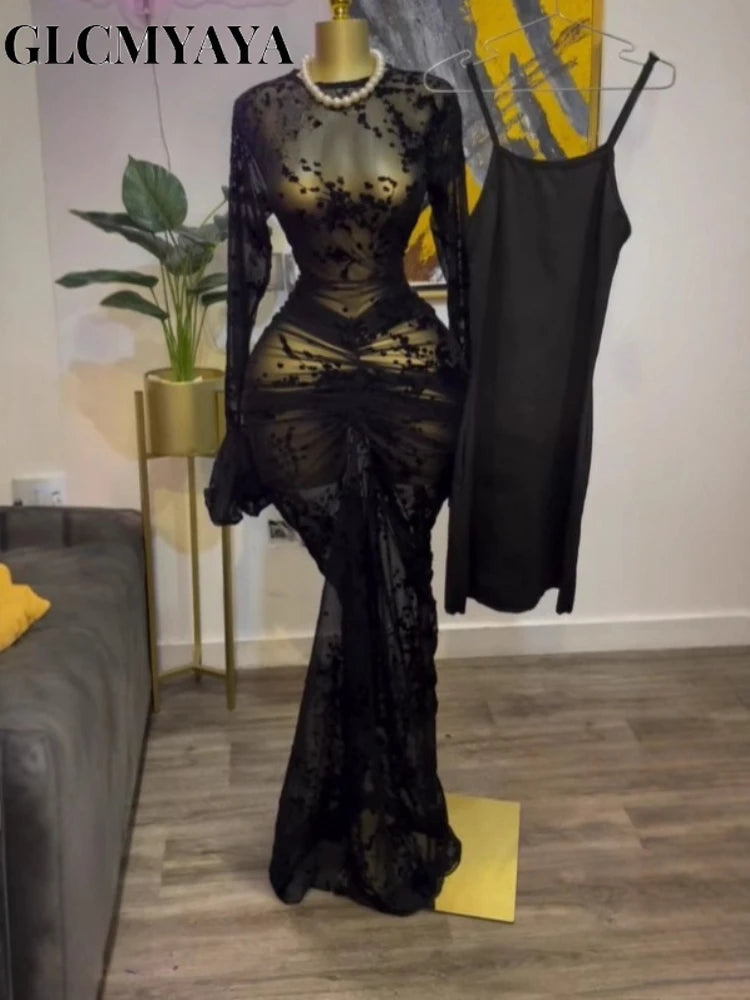 CM.YAYA 2025 Fall Women Long Sleeve Stacked Mesh See Though with Lining Bodycon Long Dress Evening Birthday Sexy Party Dresses